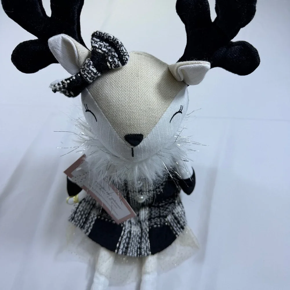 Cupcakes and Cashmere Reindeer Plush Holiday Decor‎ Black White Tweed Gold